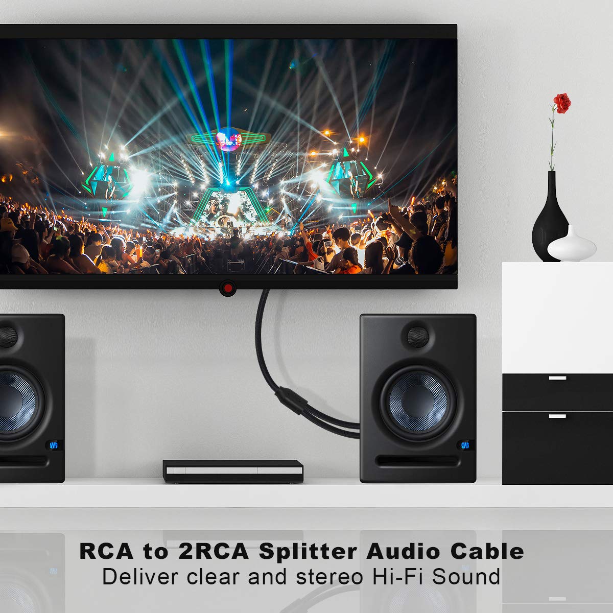EMK Cavo audio stereo adattatore RCA Y, cavo audio subwoofer/coassiale eccellente qualità del suono per connettori placcati oro (2 m, RCA maschio a 2 RCA maschio cavo audio, nero)