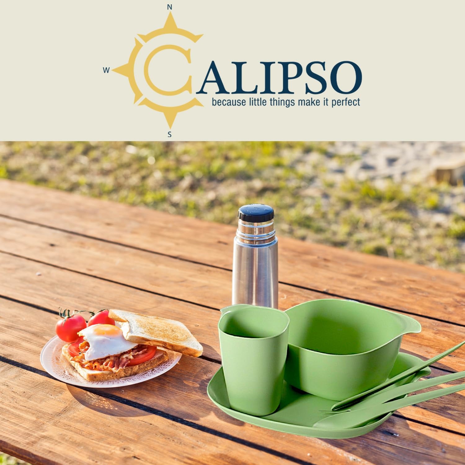 CALIPSO Vaisselle de camping pour 4 personnes - En plastique incassable - 12 pièces - Pour le jardin - Vaisselle en plastique avec assiette, bol, tasse et couverts gratuits