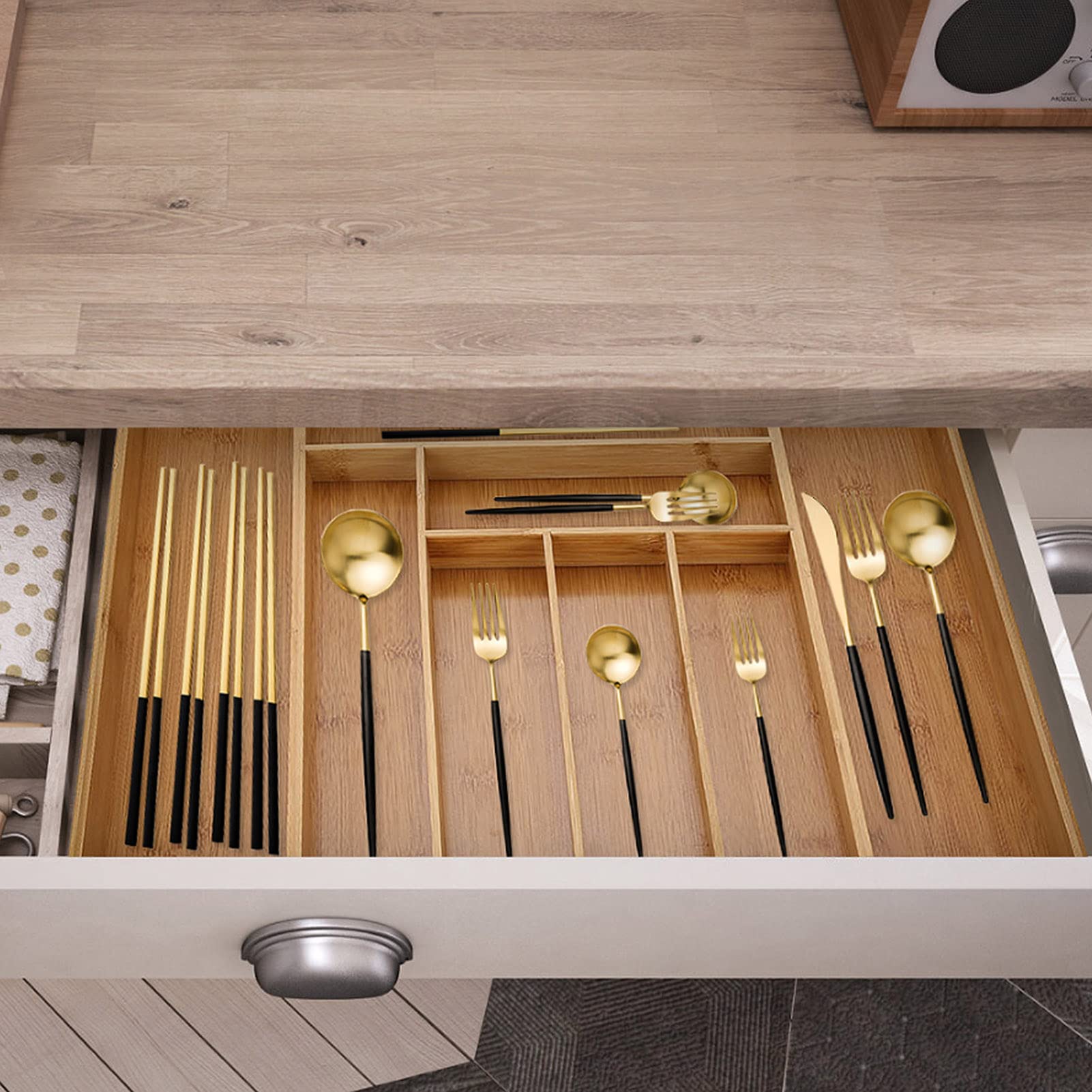 Cutlery Storage Tray, Drawer Organizer, Expandable Bamboo Cutlery Tray Holder Display, Kitchen Tidy Drawer Insert, Knife and Fork Organizer Storage