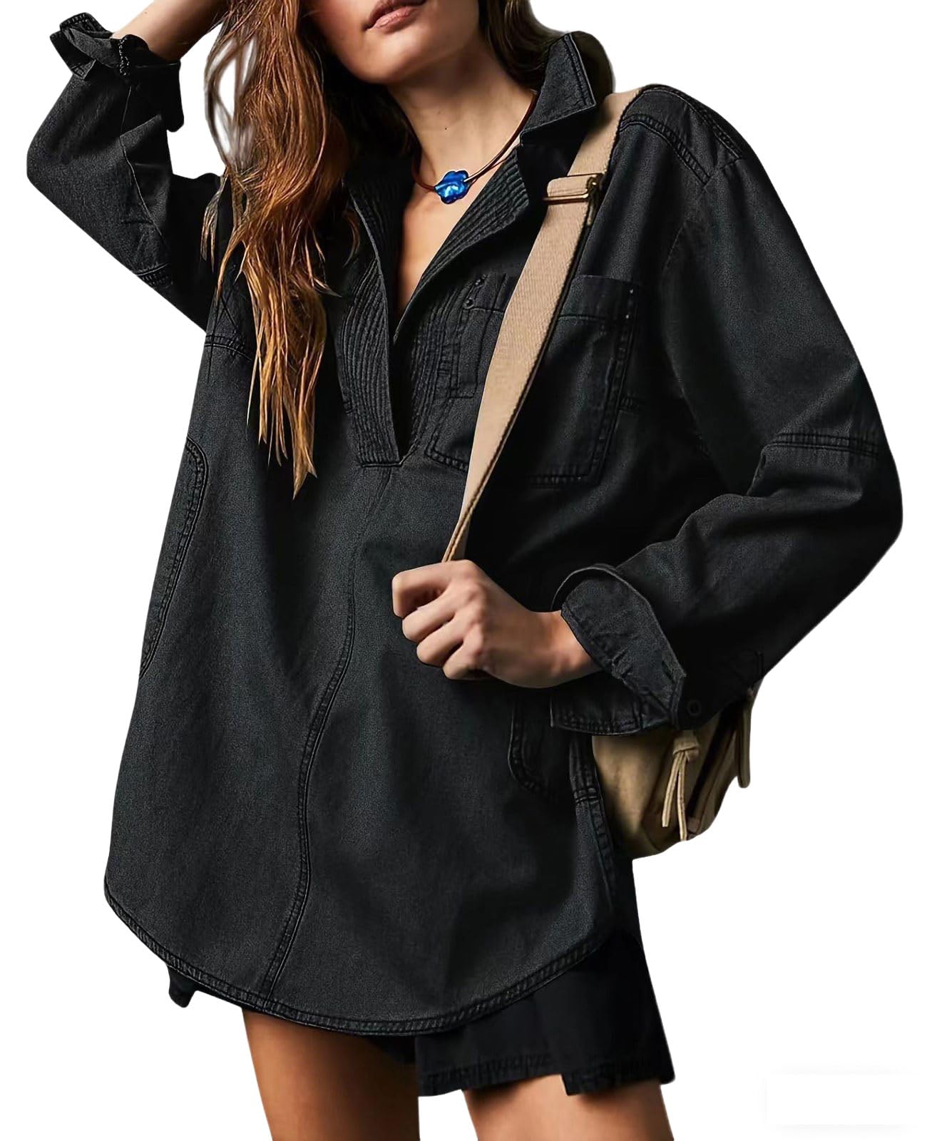 loveimgs Lässiger Langarm-Denim-Pullover für Damen, Jeanshemd, V-Ausschnitt, übergroßes Denim-Shirt, Kapuzen-Sweatshirt
