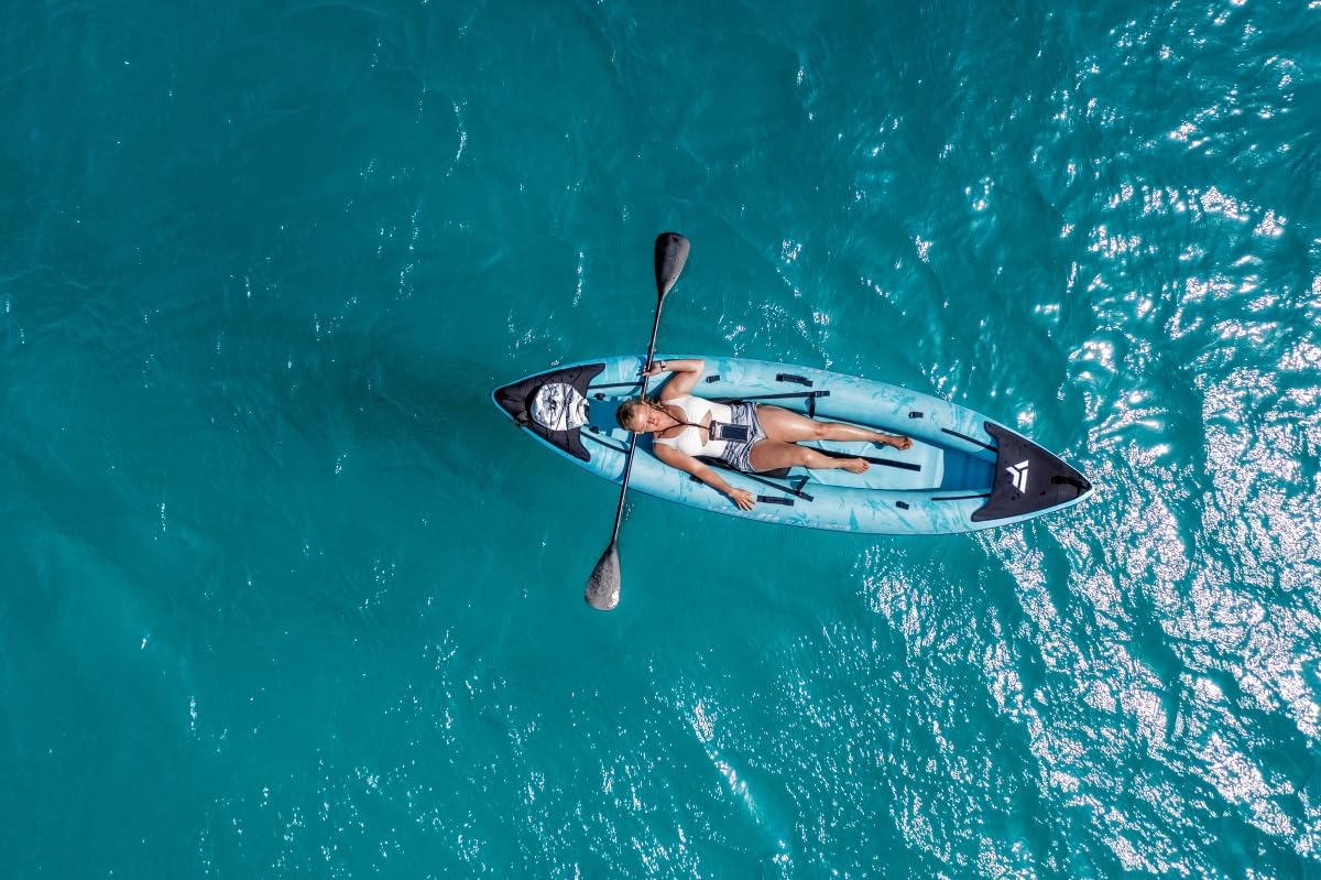 VirtuFit Kayak inflable 335 – 2 personas + opción para 3er asiento – Incluye 2 asientos de kayak, bolsa de transporte y 2 aletas – para mar, río y lago – Construcción estable – 335 cm – Turquesa