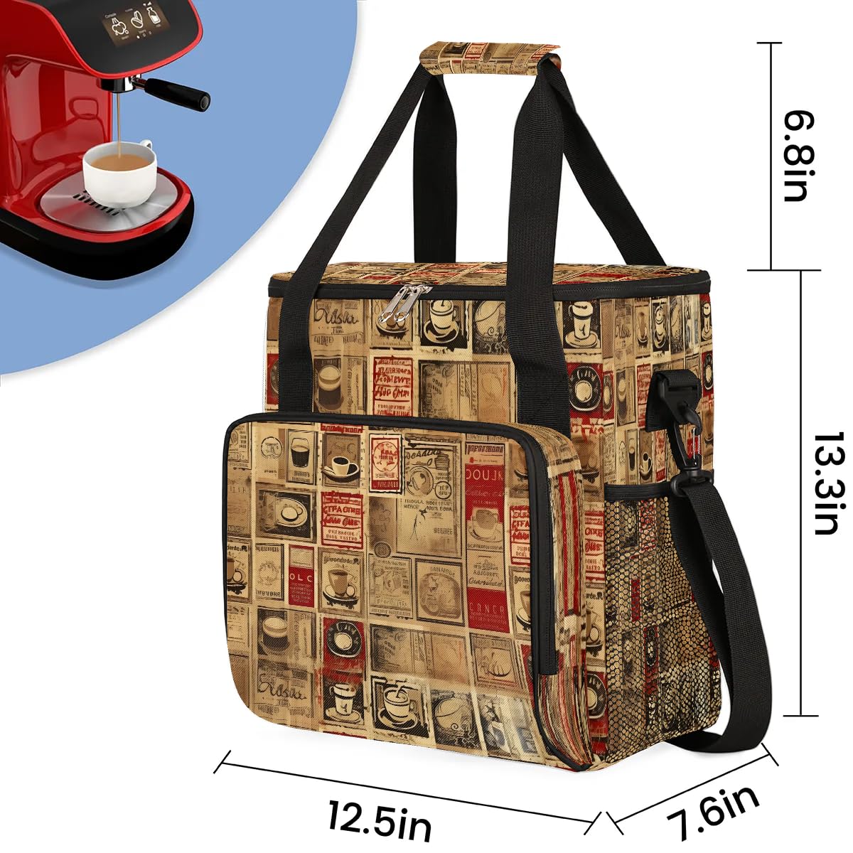 Gublec Vintage Coffee Theme Coffee Maker Carrying Bag Compatible with K-Mini or K-Mini Plus Portable Single Cup Coffee Maker Case with Pockets for K Cup Pods