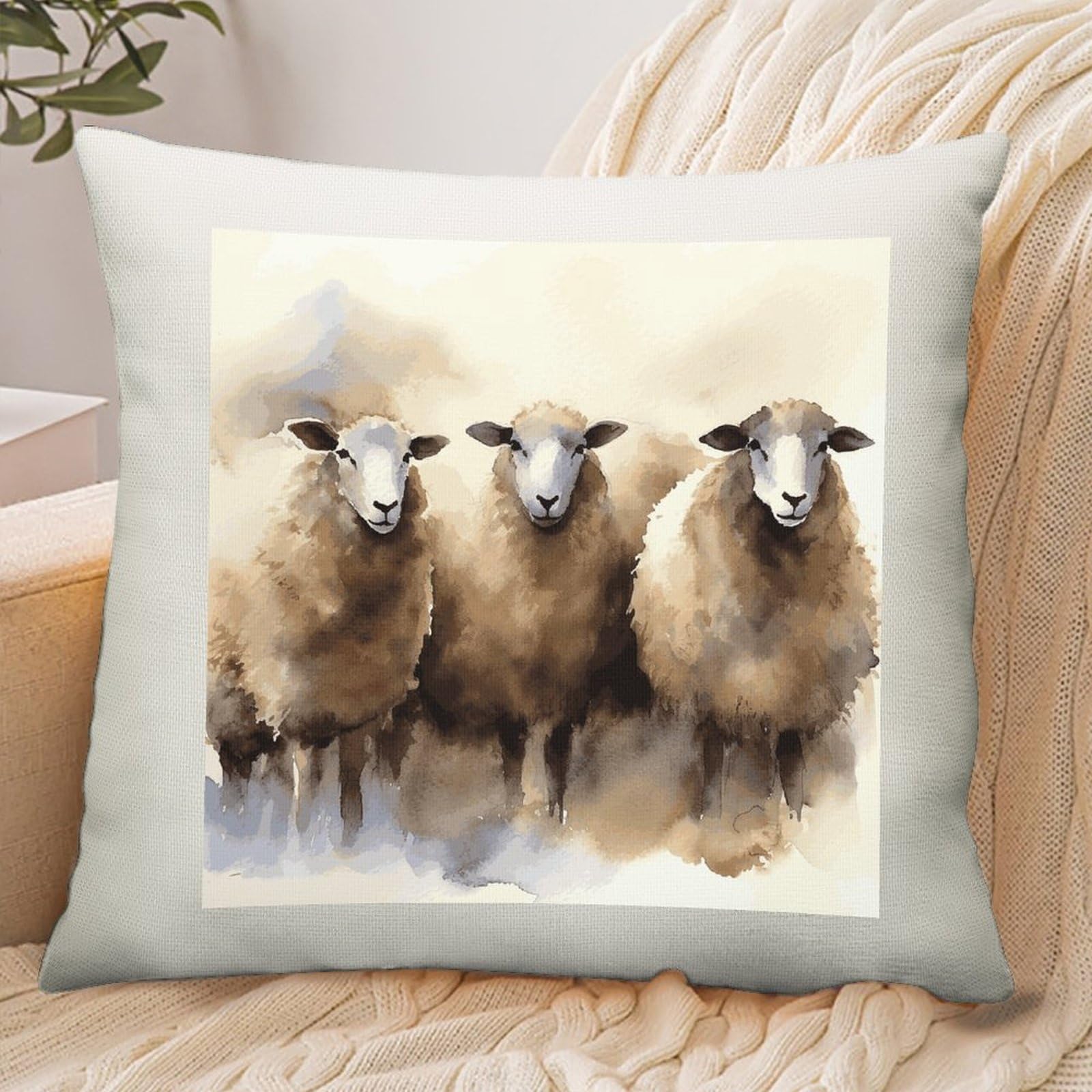 Adfgyerh Style Sheeps Watercolor Pillow Cover Breathable,Pillowcases Boho Decorative Envelope Closure,Throw Pillow Covers For Beach,Patio,Balcony,Couch Living Room 16 * 16In