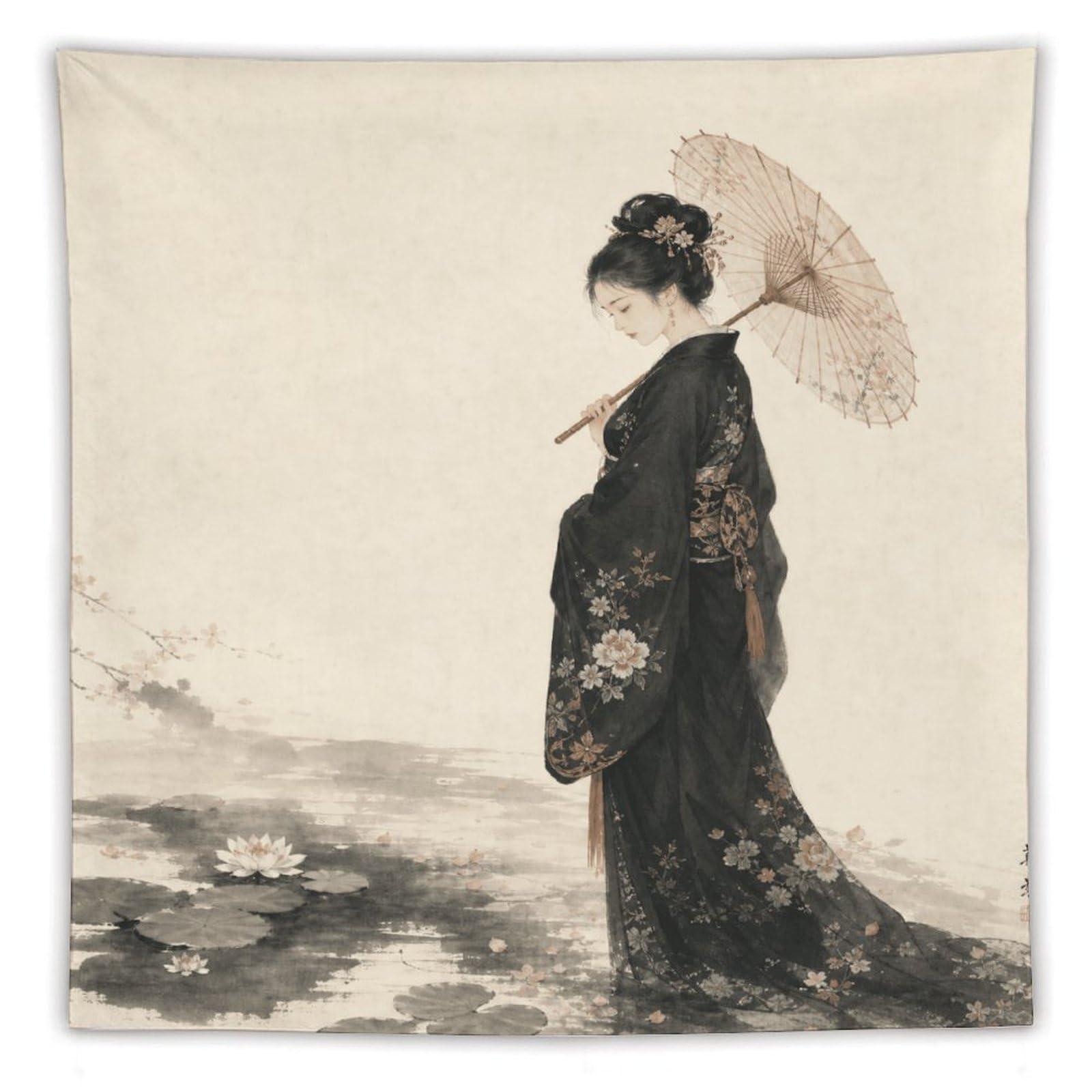 H3B8U2Y5 Woman with Parasol Wall Tapestry, Ukiyo-e Style, Dorm Room