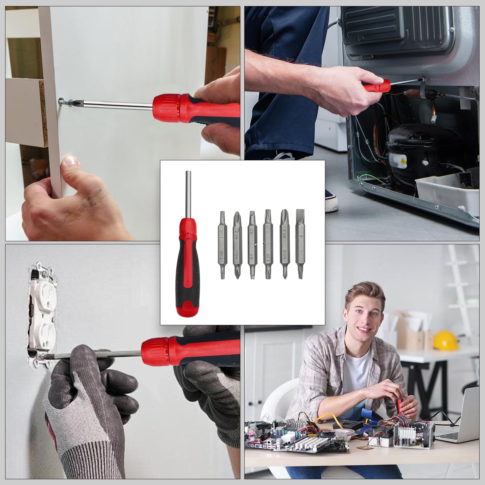 Destornillador de trinquete 13 en 1 | Almacenamiento de puntas múltiples | Cartucho retráctil | Mango con agarre acolchado | Eje hexagonal de ¼ de pulgada, estrella, plana, broca cuadrada - Rojo,