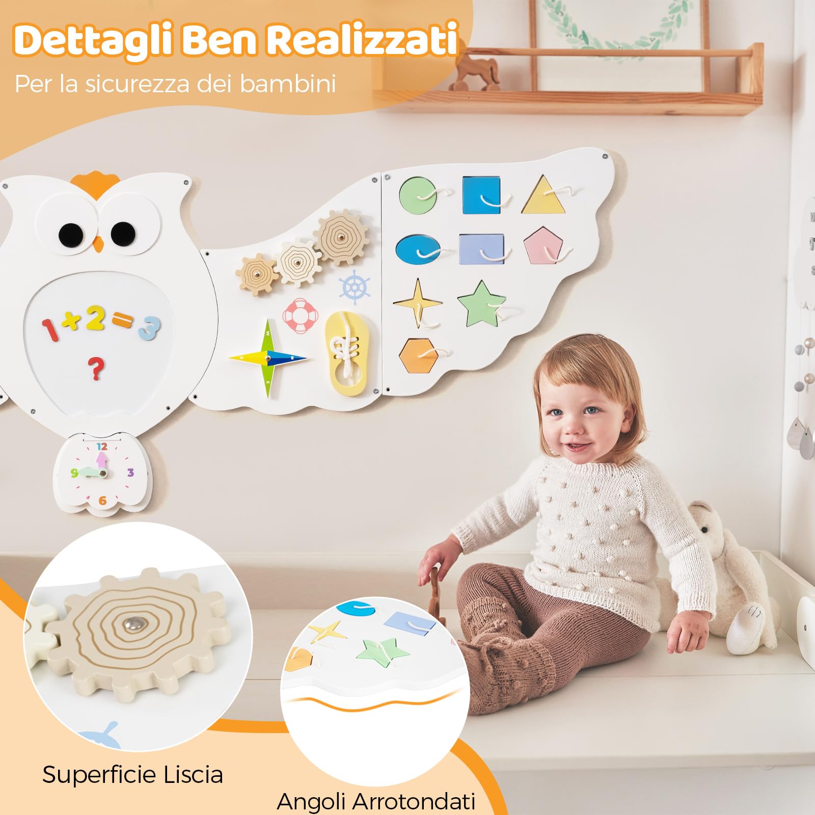 COSTWAY Pannello attività Muro Gufo Busy Board in Legno, Giochi Sensoriali con Calcoli Magnetici, Xilofono, Stringere Lacci e Orologio, Giocattolo Montessori, Adatto a Bambini 3+ Anni