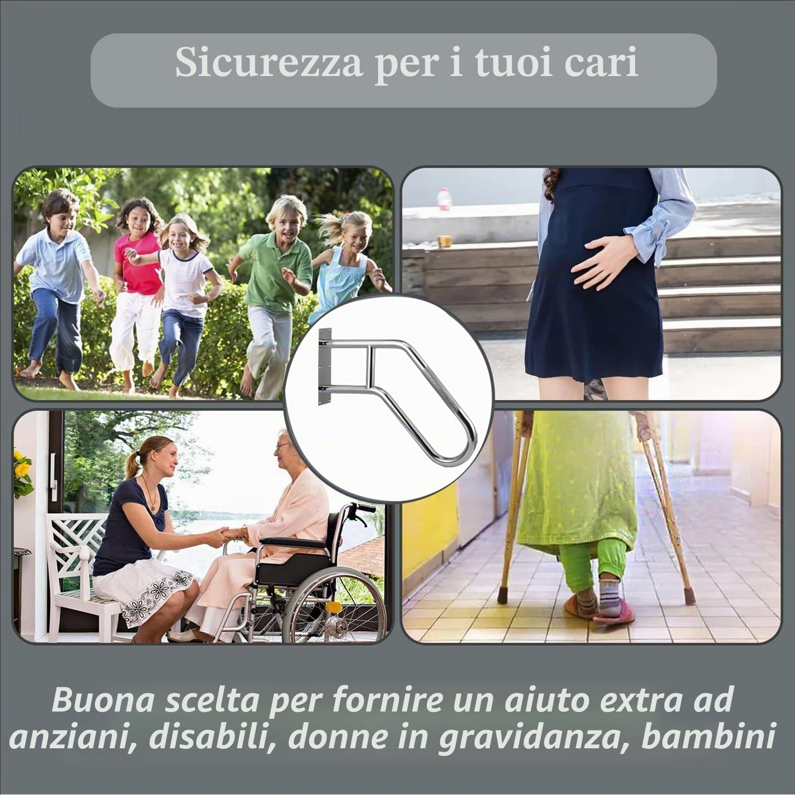 Corrimano Per Scale a u In Acciaio Inox 60 Cm,Grado Da 1 a 4,Robusto e Antiscivolo,Adatto Per Garage,Bagni,Balconi,Interni Ed Esterni,Grigio Argento,Design Ergonomico(Tubo Da 3,2 Cm)
