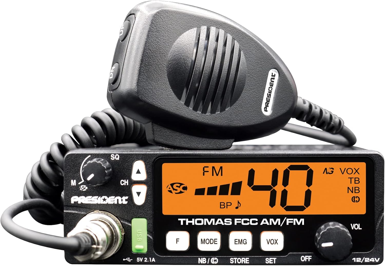 President Electronics THOMAS FCC 40-channel AM/FM Radio, Black; 12/24 V, Up/down Channel Selector, Volume Adjustment, Manual Squelch and ASC, Multi-functions LCD Display, Mode Switch AM / FM : Electronics
