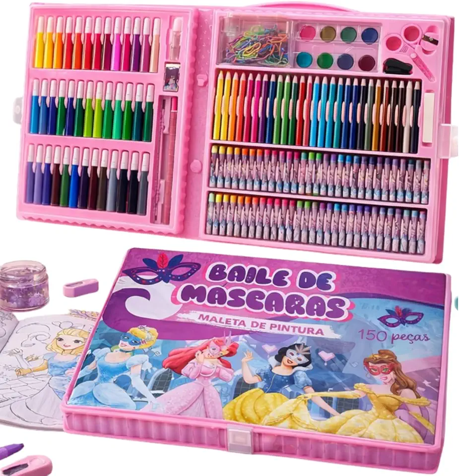 Maleta de Pintura Infantil 150 Itens Baile das Máscaras Desenho Arte Material Escolar Presente para Crianças