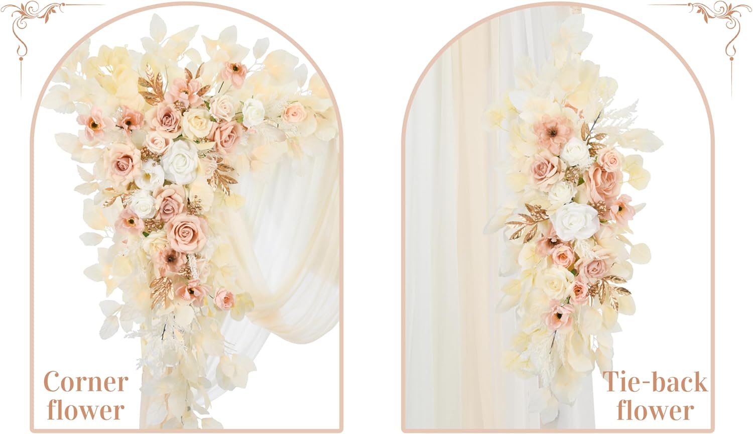 Ting's time Wedding Arch Flowers and Drape Kit (Set of 5) 2 Pcs Artificial Floral Swag Arrangement 3 Pcs Arch Draping Fabric for Wedding Ceremony Arbor and Reception(Beige)