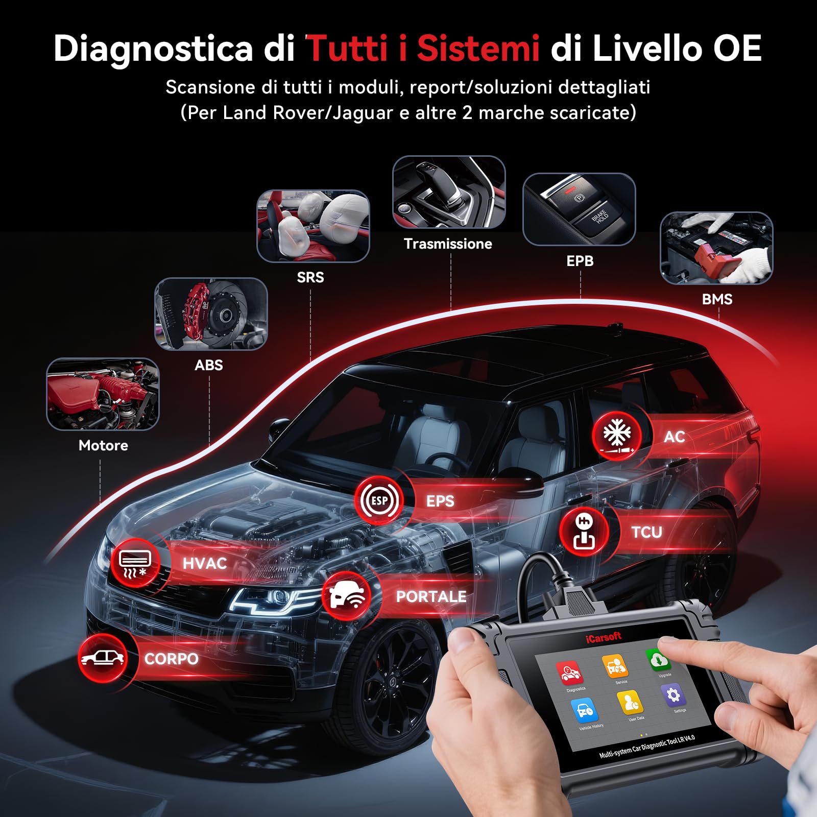iCarsoft LR V4.0 OBD2 Auto Diagnostica per Land Rover/Jaguar+ 2 Marche Opzionali, Diagnosi Auto Professionale in Italiano Tutti i Sistemi, 37 Servizi, Test Bidirezionale, Auto VIN, Aggiornamento WiFi