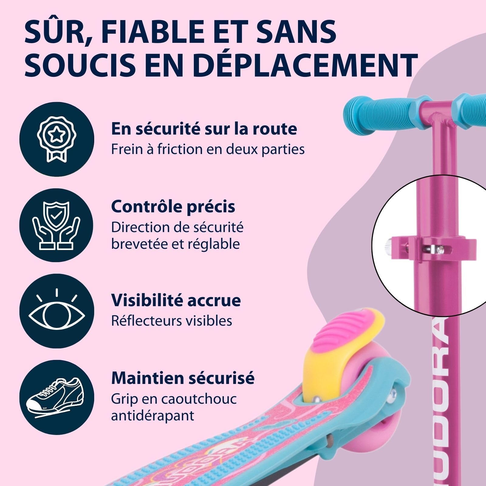 HUDORA Scooter Flitzkids 2.0 - Trottinette Stable avec Une Grande Plateforme - Réglable en Hauteur et transportable - Mini-Trottinette à Trois Roues en Aluminium pour Enfants jusqu'à 50kg - Wonders