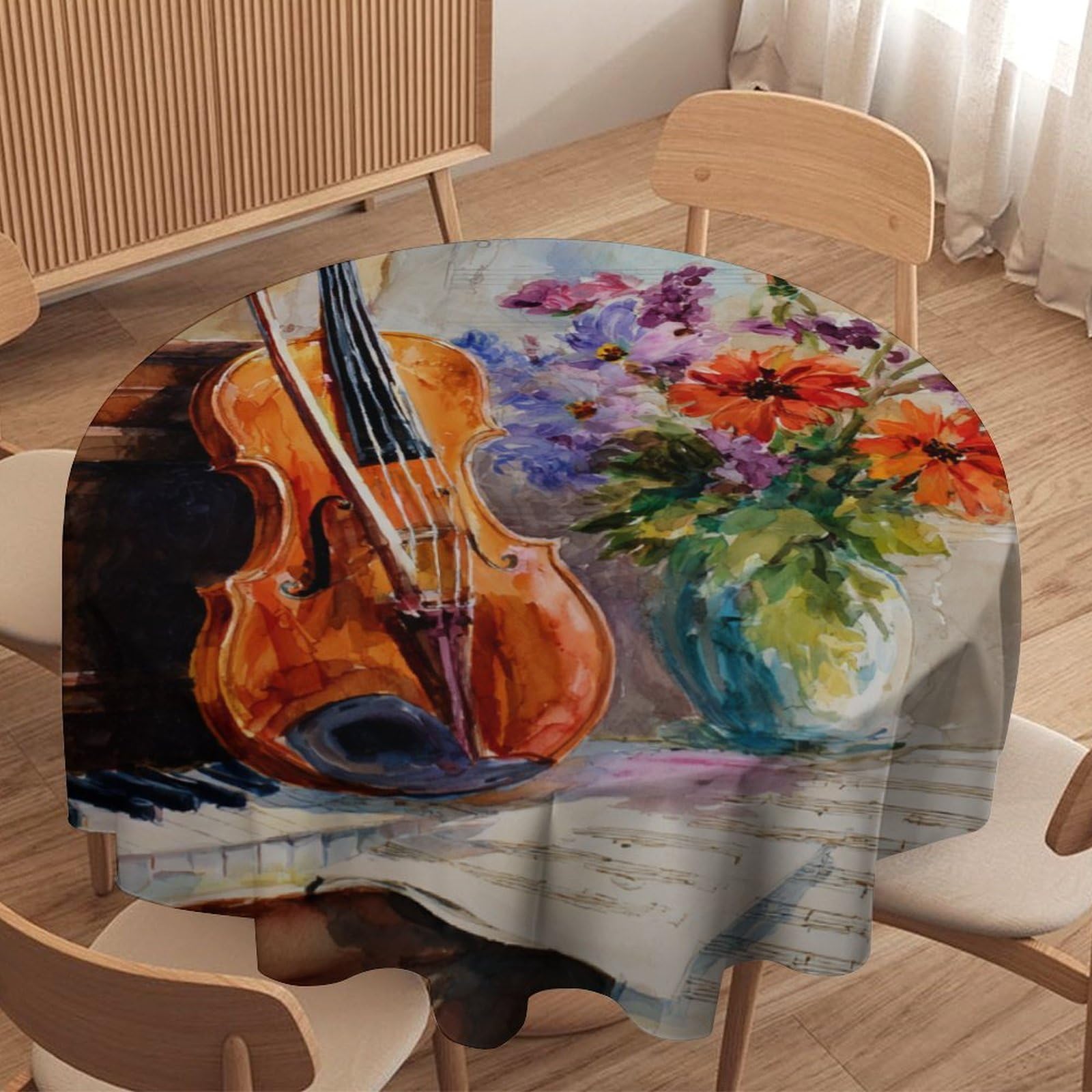 LUYYSKY Colorful Realistic Music Theme Round Tablecloth Vintage Classic Music Instrument Violin Piano Flowers Pattern Washable Decor for Table Cover for Kitchen-152.4" Wx152.4 L cm
