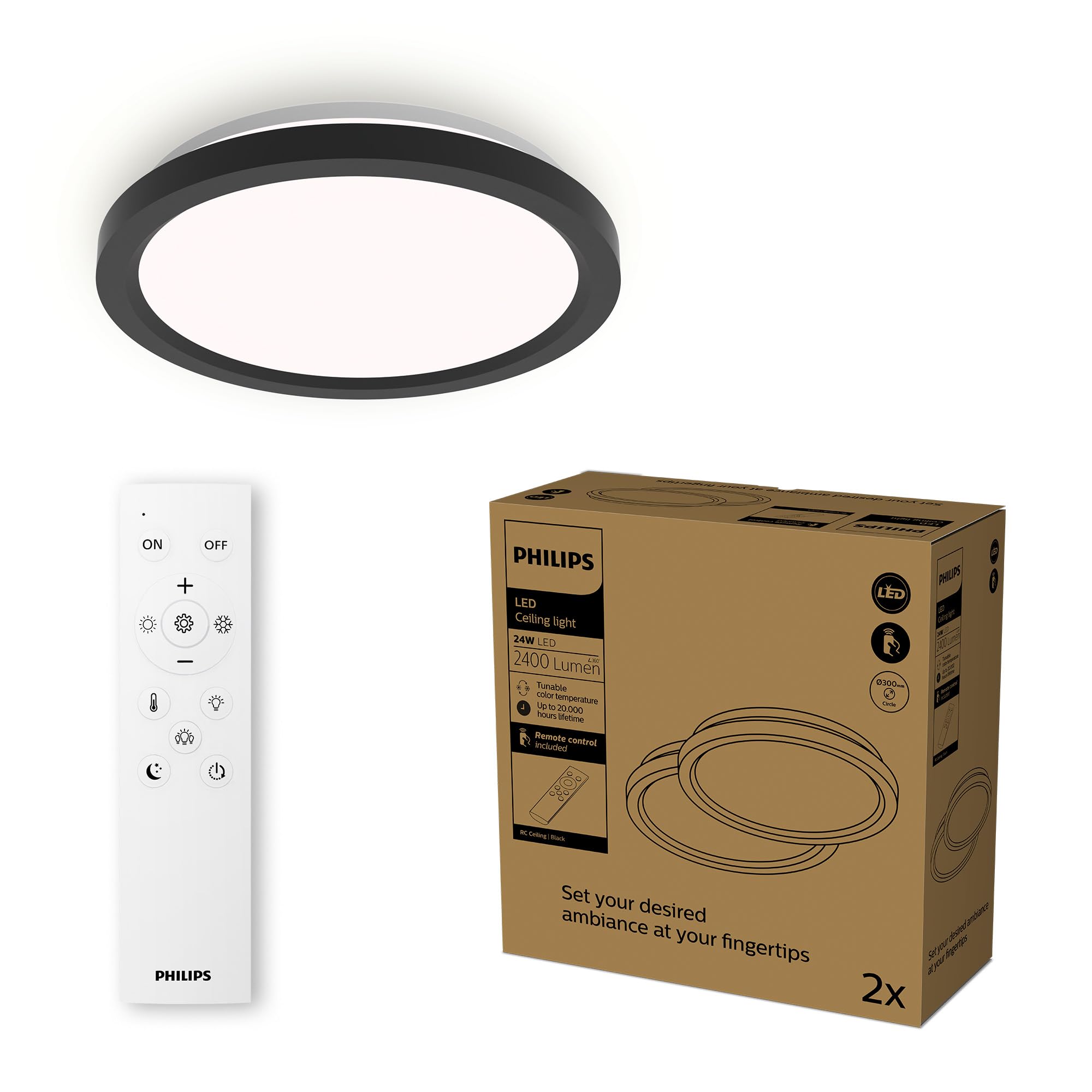 Philips LED-Deckenleuchte mit Fernbedienung, rund, 30 cm, dimmbar, Tunable White, Wohnzimmer, Schlafzimmer, kein Flimmern oder Blenden, modernes Design, schwarz, 2er Pack