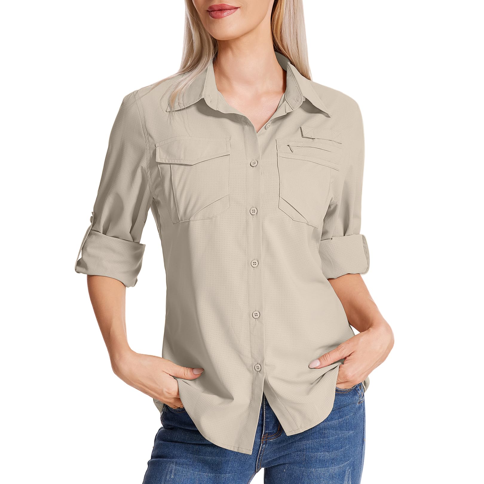 Chemise de safari à manches longues pour femme UPF 50 Protection solaire UV Séchage rapide Randonnée Marche Pêche Voyage en plein air