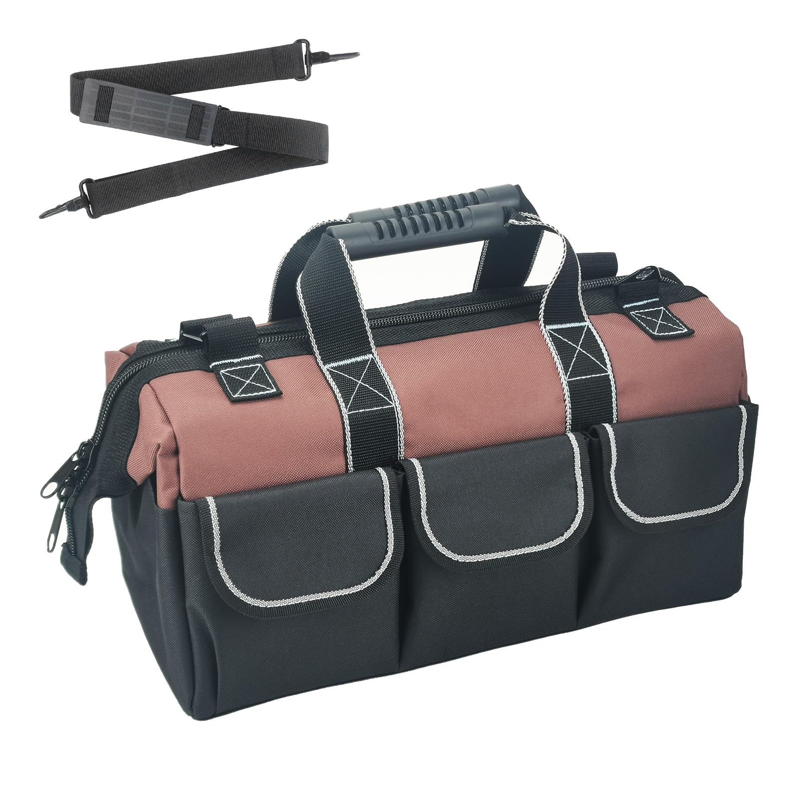 Yongzhenlite Garden Tools Bag 16 Inch Wide Mouth Tool Bag with Molded Base and Plastic-Padded Inside Pockets for Tool Storage, 600D Polyester Fabric, Brown Color — image 1