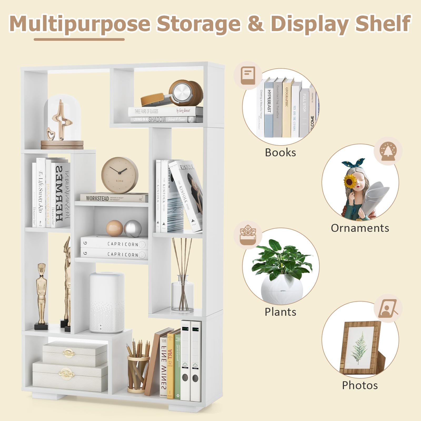 HOMASIS Bibliothèque Géométrique en Bois à 9 Compartiments,Cube avec Étagère Ouvertes,Étagère avec Protection Anti-Basculement, Meuble de Rangement pour Salon Bureau,70 x 20 x 120cm (Blanc)