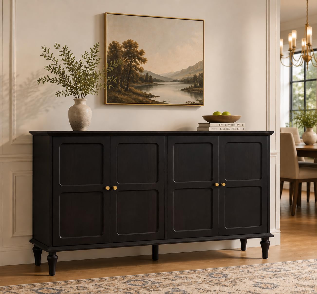 ARTPOWER 58'' Mid-Century Modern Buffet Storage Cabinet with 4 Doors and Adjustable Shelves, Accent Style Sideboard for Entryway, Dining Room, Living Room, Espresso Brown-image-10
