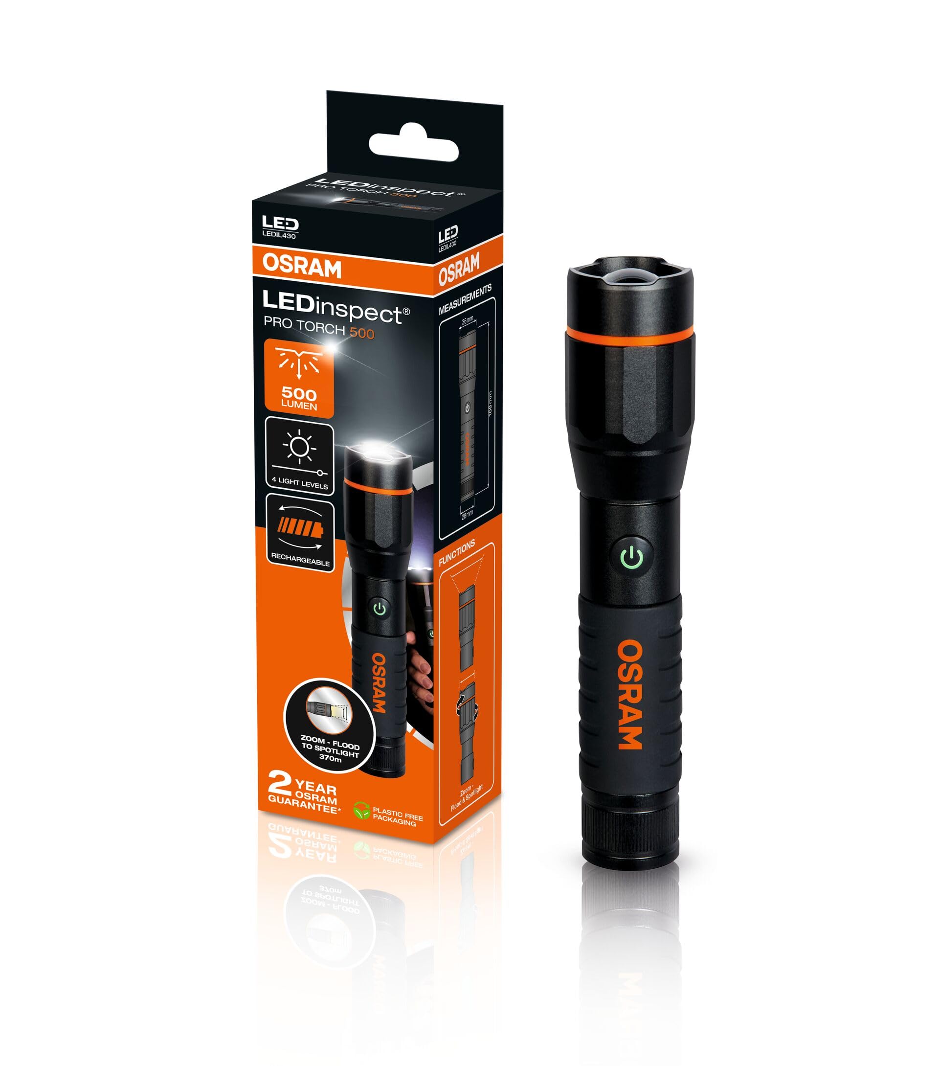 OSRAM LEDinspect PRO TORCH 500, rechargeable LED inspection torch, zoom function, 500lm brightness, 6000K, 4 light modes