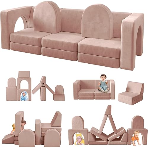 wanan Kids Couch 13PCS, Modular Kids Play Couch for Playroom Bedroom, 13 in 1 Multifunctional Kid Sofa for Playing, Creativing, Sleeping, Indoor Toddler Couches for Boys and Girls (Light Pink)