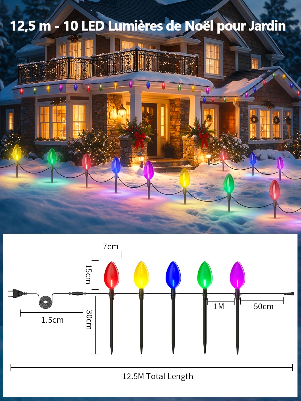 Kawaya Guirlande Lumineuse Piquet Jardin C9 Multicolores, Étanche IP65