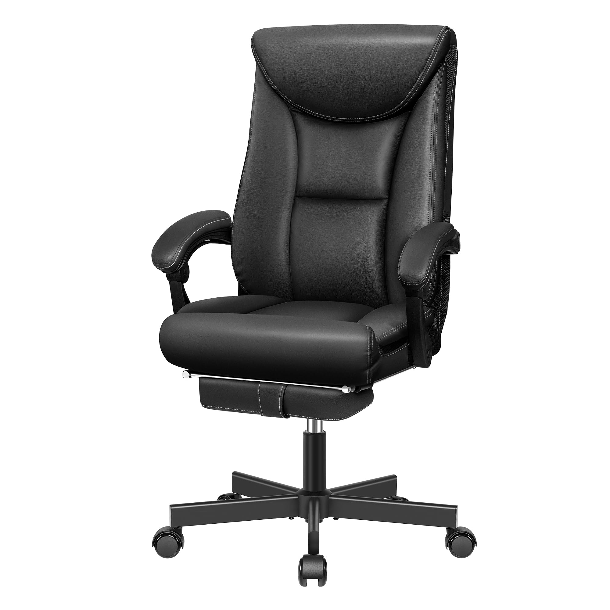 Chefsessel Breiter Bürostuhl ergonomischer Schreibtischstuhl hohe Rückenlehne 150KG mit Fußstütze Office Chair aus PU-Leder, Schwarz