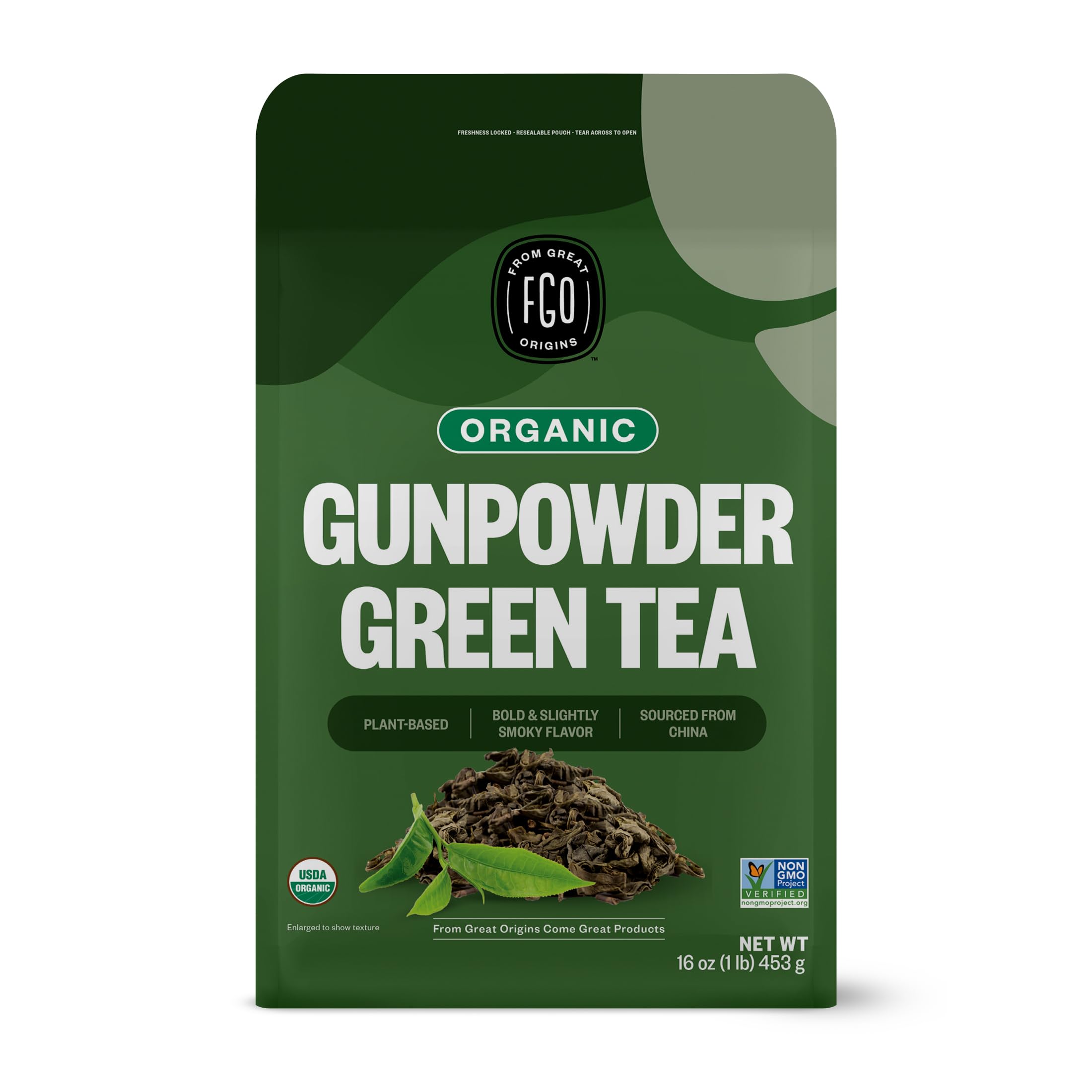 FGO Organic Gunpowder Green Tea, Loose Leaf, 16oz Bulk Resealable Bag, Packaging May Vary (Pack of 1)