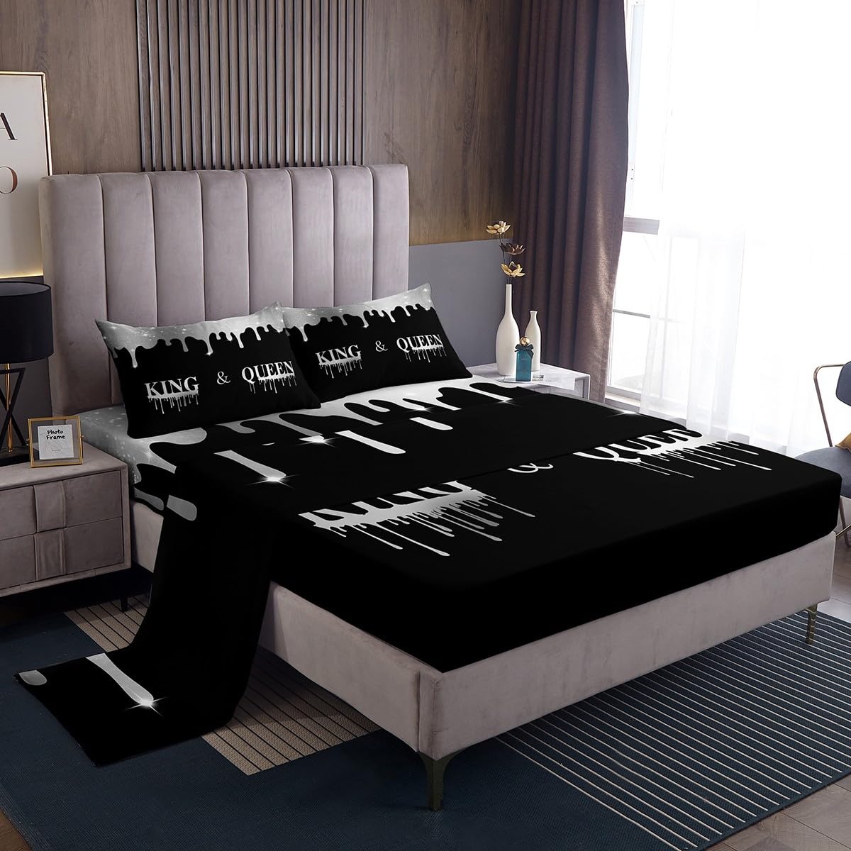 Feelyou Silver Black Mr Mrs Sheet Set Twin King Queen for Couple Man Woman Sheets with Deep Pocket