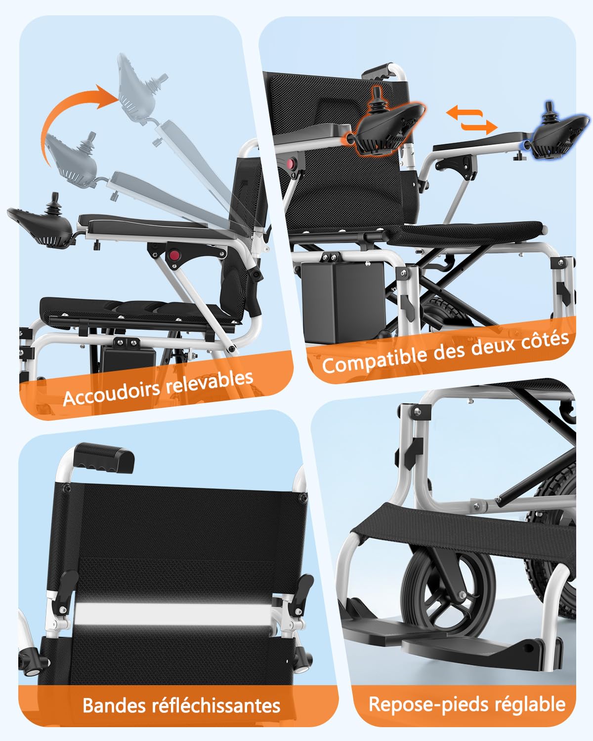 fauteuil roulant electrique pliable– autonomie 20 km, poids 16,8 kg, pliable et compact, idéal pour la maison et les voyages. Capacité de charge 125 kg, adapté à tous les terrains