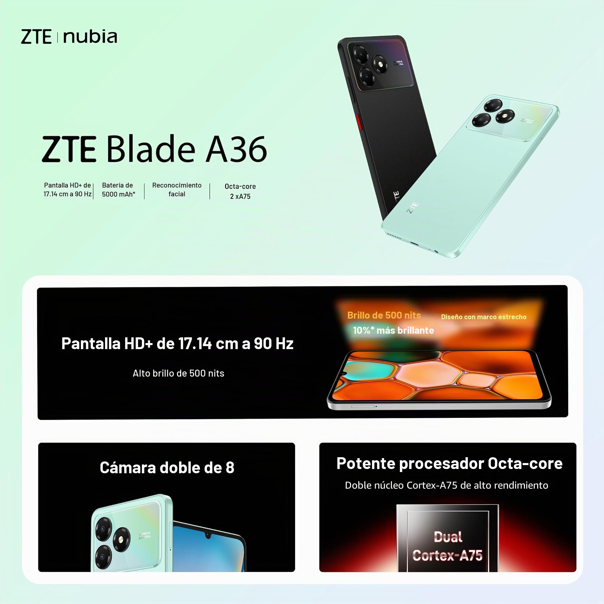ZTE Blade A36 Smartphone Desbloqueado, 4GB RAM, 64GB de Almacenamiento, Pantalla de 6,75", Color Nebula Black