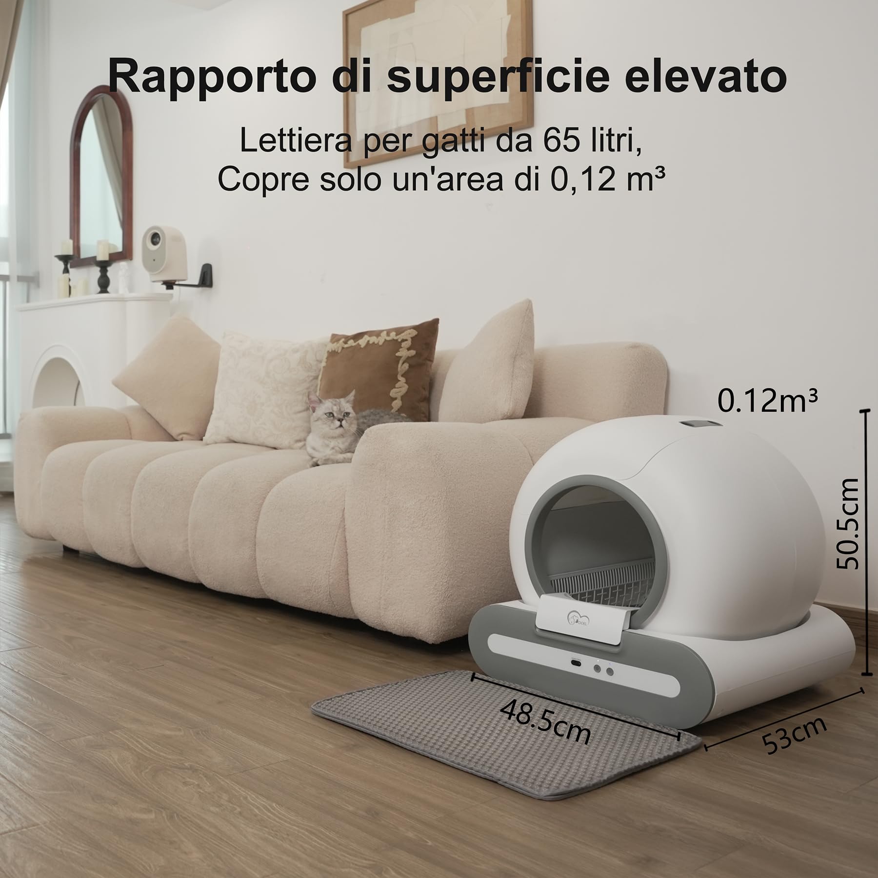 DOEL Upgrade Lettiera Autopulente 65L Grande Capacità, Tripla Protezione di Sicurezza, Vassoio Automatico per Lettiere per Gatti, APP Monitoraggio Salute, Adatta a Più Gatti con Tappetino e Fodere