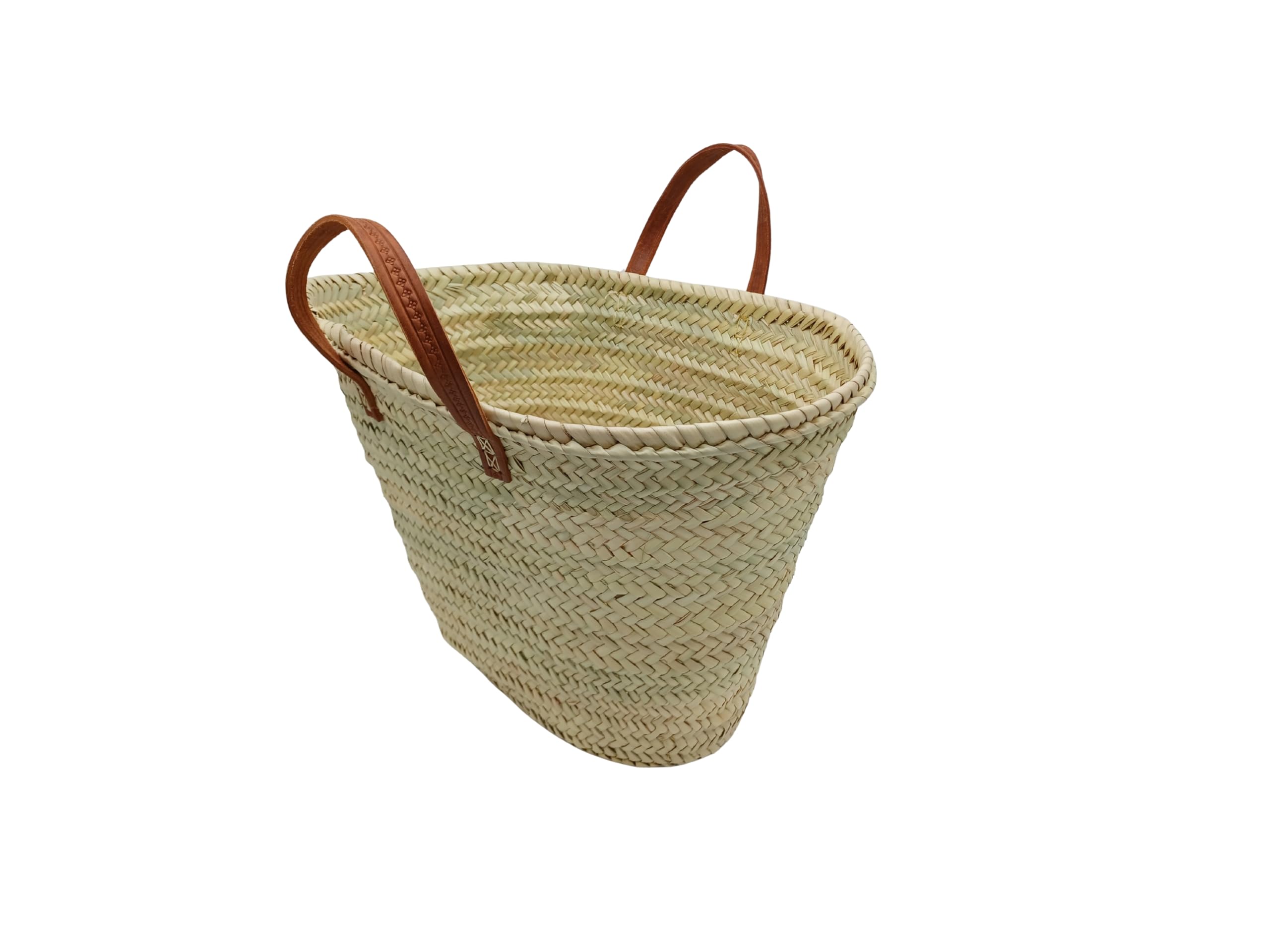 Capazo de Palma Natural con Asas de Cuero, 50x30x20cm, Beige y Marrón, Hecho a Mano en Marruecos