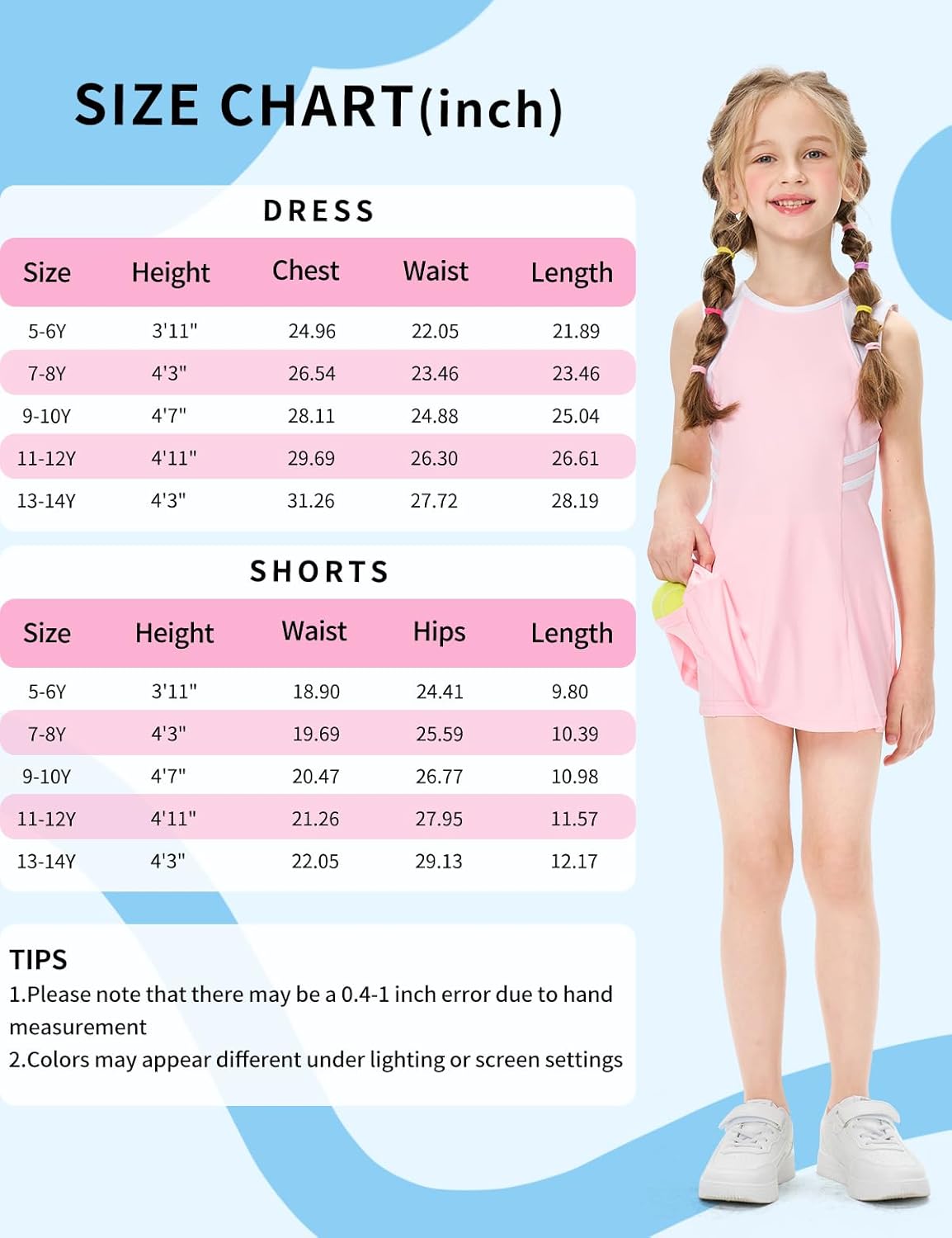 Girls Tennis Dress with Shorts, Sleeveless Girls Athletic Golf Outfit Dresses, Cute Workout Sports Skorts Set, 5-14Y - Image 8