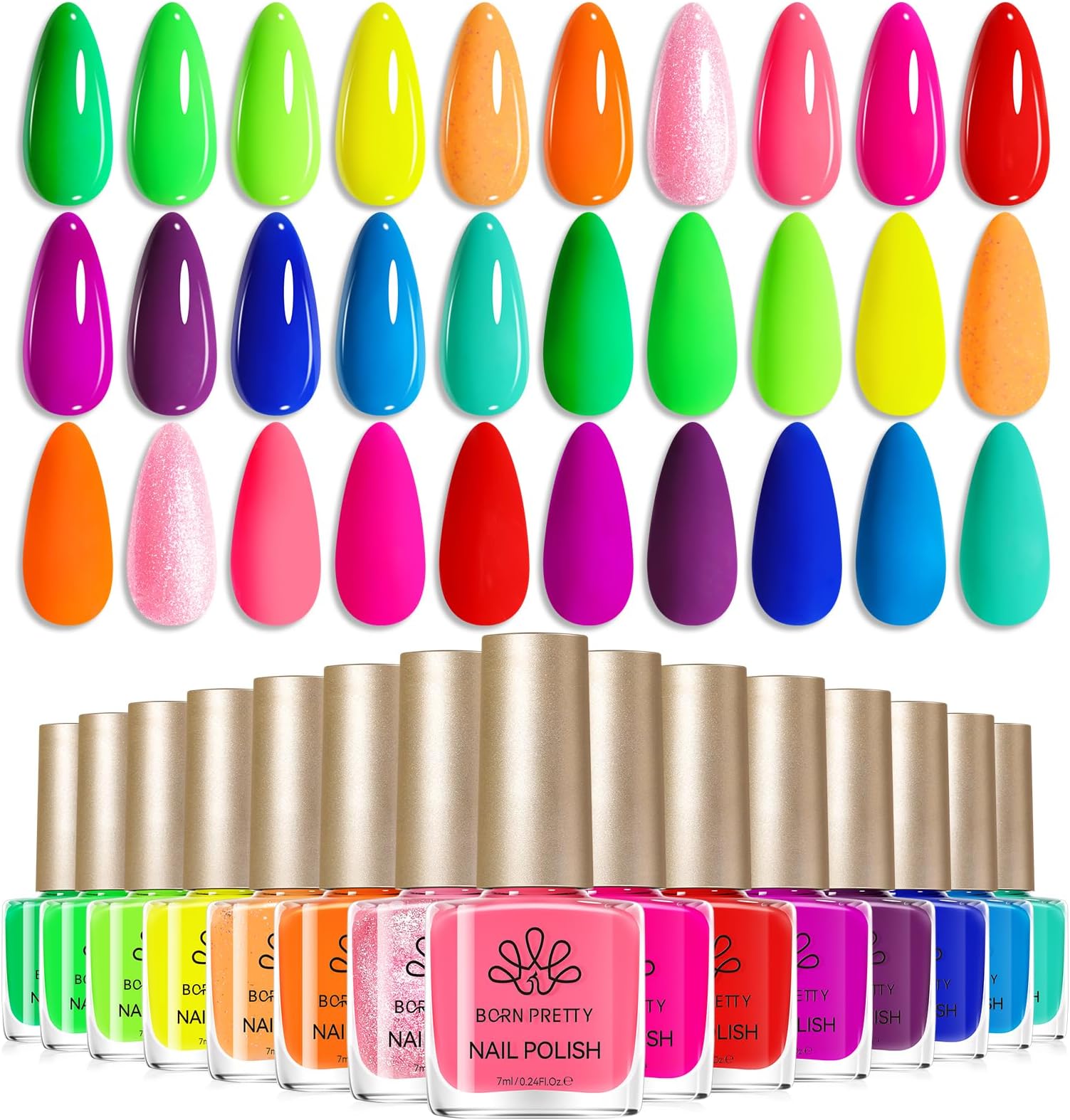 BORN PRETTY Neon Nail Polish Set 15 Colors Nail Varnish Collection Quick Dry & Long Lasting Bright Rainbow Colors Spring Summer Finger Nail Polish Gift Set for Women