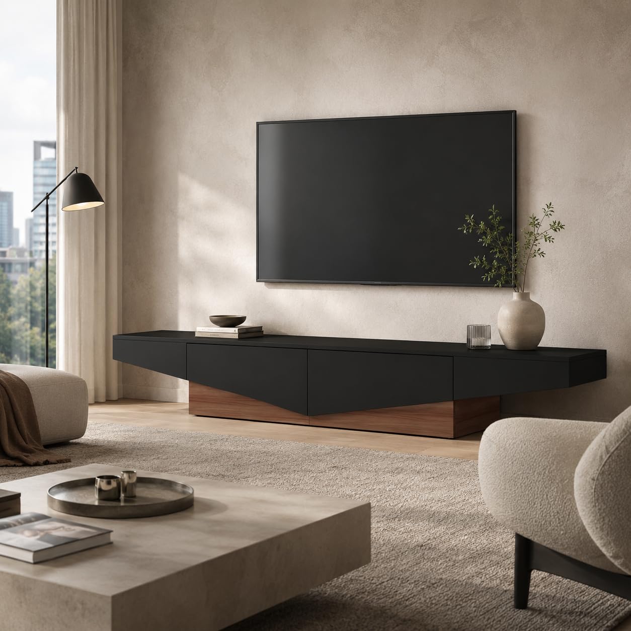 Mueble bajo para televisión Negro con Aspecto de Madera, Mesa de TV de 200 cm con cajones, Moderno Armario de TV con Espacio de Almacenamiento, Mueble bajo para Sala de Estar, Mueble