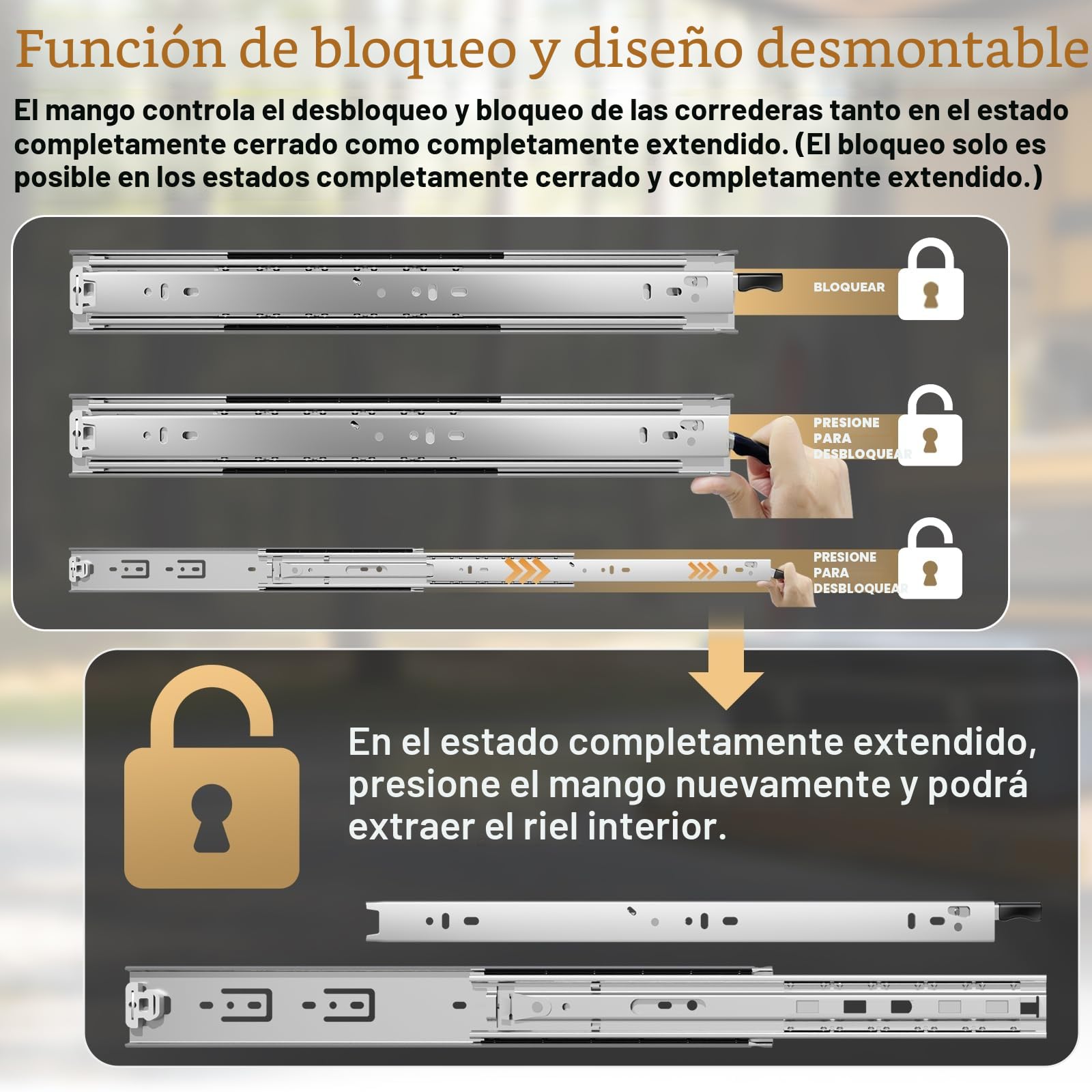 AOLISHENG Guias Correderas Para Cajones Con Freno 1000mm Rieles Para Cajones Extensión Completa 50 KG Capacidad Carga Guías Laterales Para Cajones Con Rodamiento de Bolas 1 par (2 piezas)