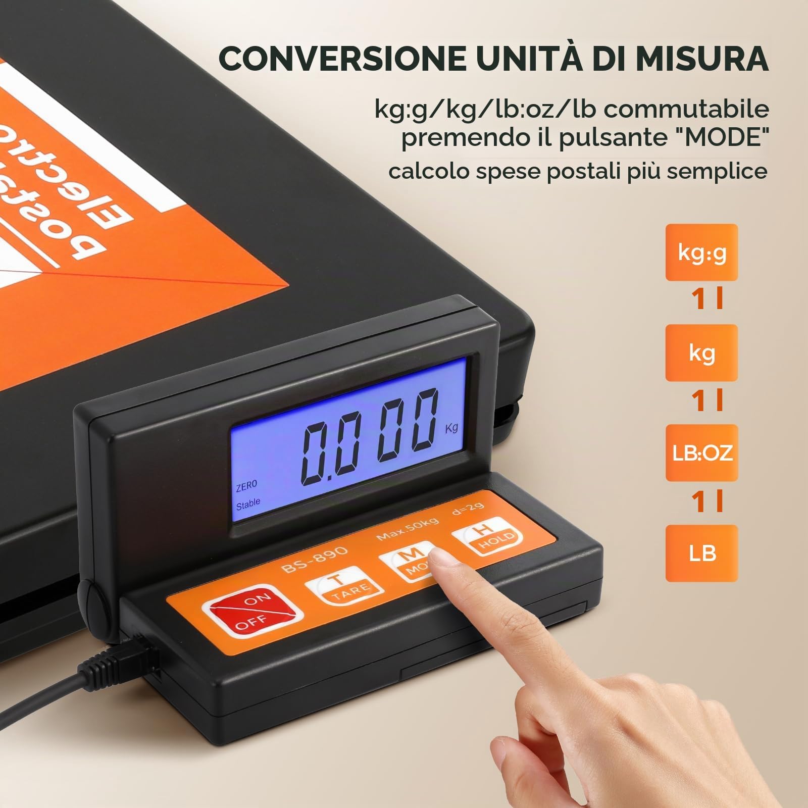 Bonvoisin Bilancia postale digitale 50 kg 110 lb 2 g display LCD separato batterie AAA adattatore UE inclusi g kg oz lb indicatore stabile Hold