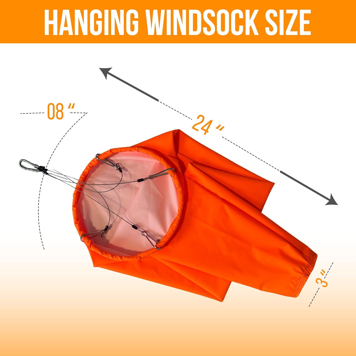 Heavy Duty Hanging Windsock Kit with Stainless Steel Pivot Arm | Hi-Visibility Fluorescent Orange Wind Industrial Indicator | Double Ball Bearing Arm | Waterproof, UV Fade Resistant 8"x24"
