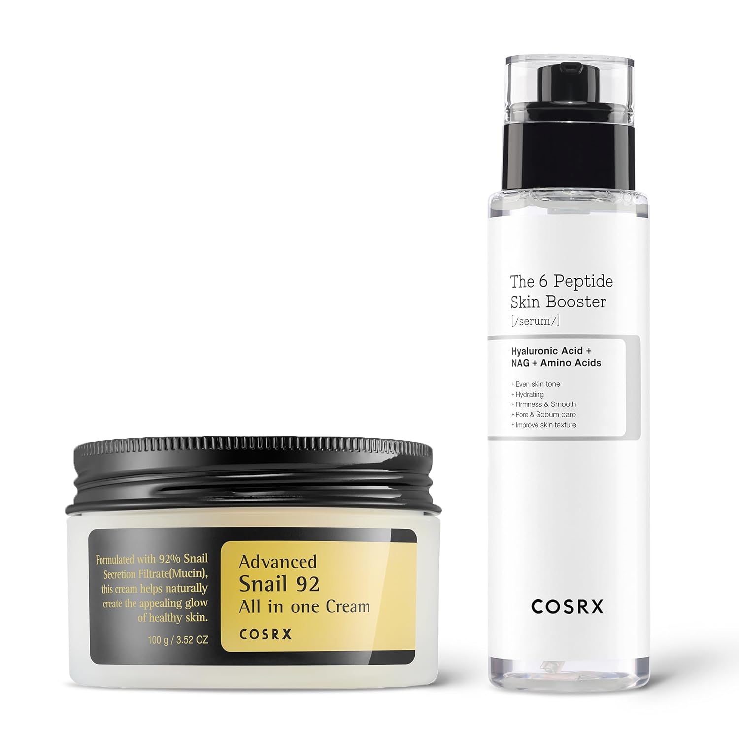 COSRX Moisture Booster - Snail Mucin 92% Moisturizer + 6X Peptide Collagen Booster Toner Serum
