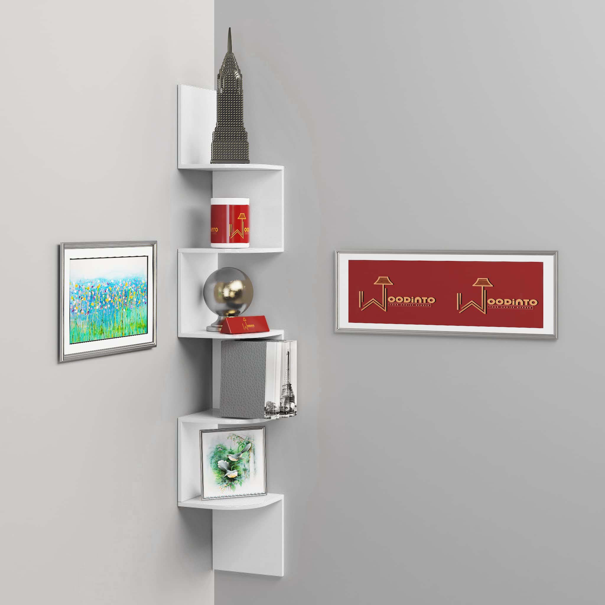 WooDinzo Zigzag Corner Wall Mount Shelf Unit/Racks and Shelves/Wall Shelf/Book Shelf/Wall Decoration in MDF Wood (White)