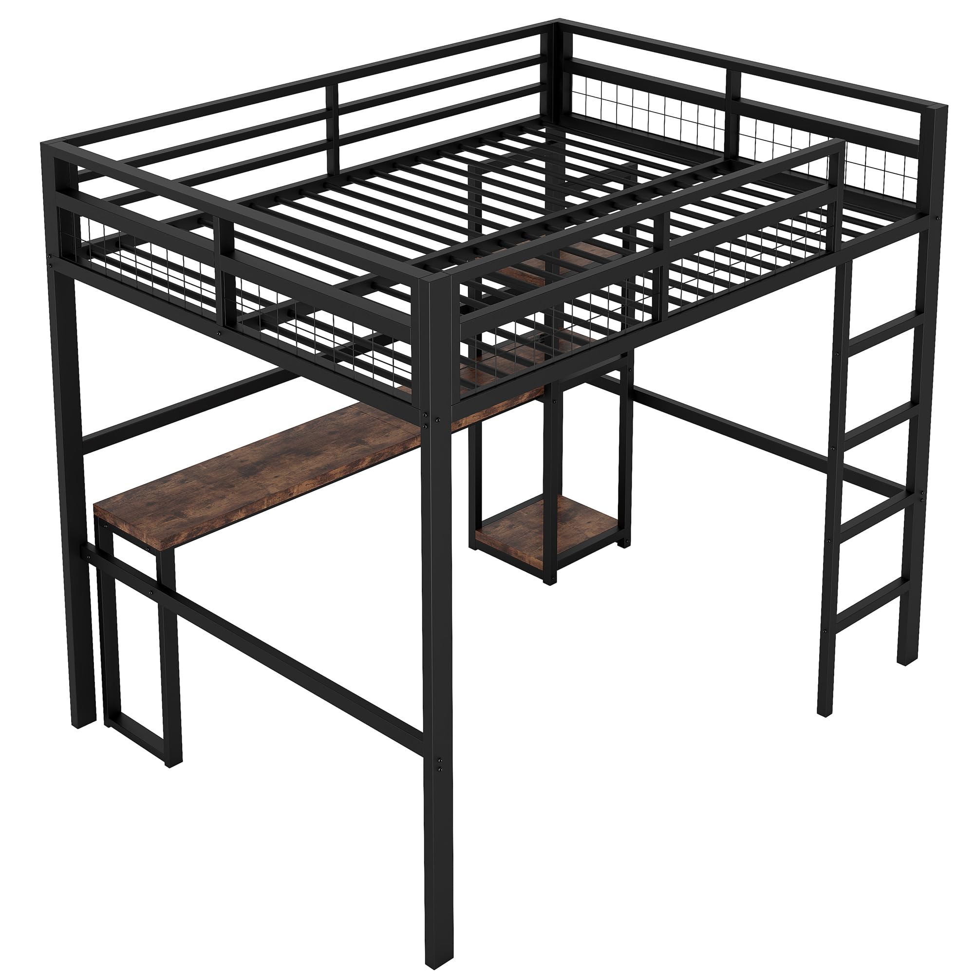 Dolamaní Cama alta para adultos, 140 x 200 cm, marco de cama de metal con enchufe, cama de metal con USB Type-C y varios estantes, capacidad de carga de 150 kg (negro)