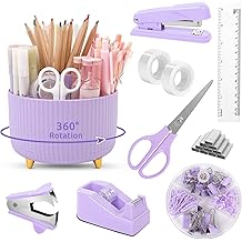 Office Desk Accessories Set, 10 Pieces, Pencil Holder, Stapler, Tape Dispenser, Scissors, Ruler, Clips, 1000 Staples, Pink and Black Purple