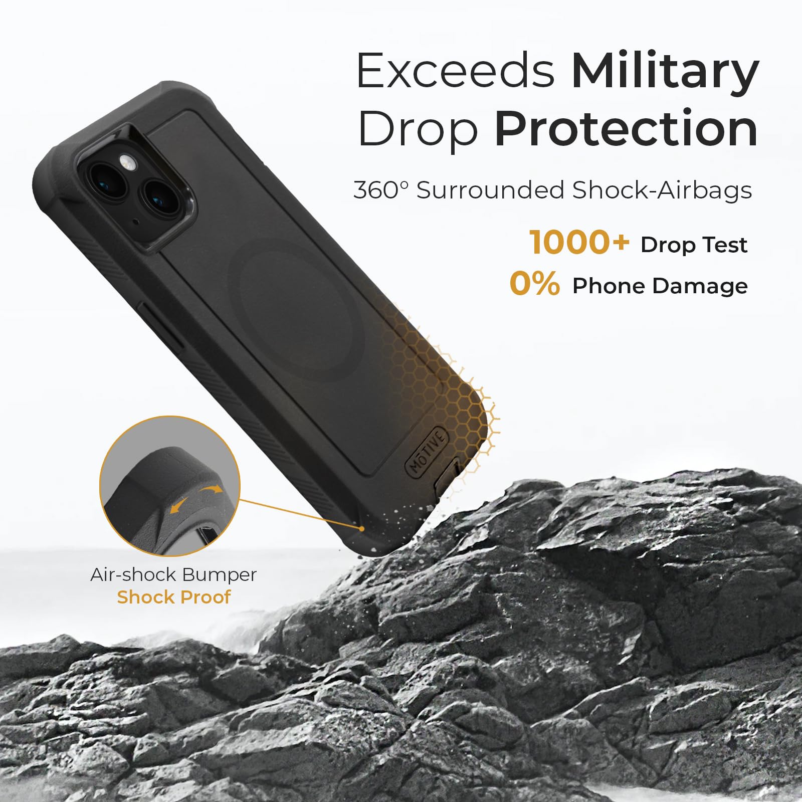 Motive Coque pour iPhone 15 avec Clip Ceinture, Coque magnétique Compatible MagSafe, Robuste et Protection de qualité Militaire à Quatre Couches pour iPhone 15, 6,1 Pouces, Noir