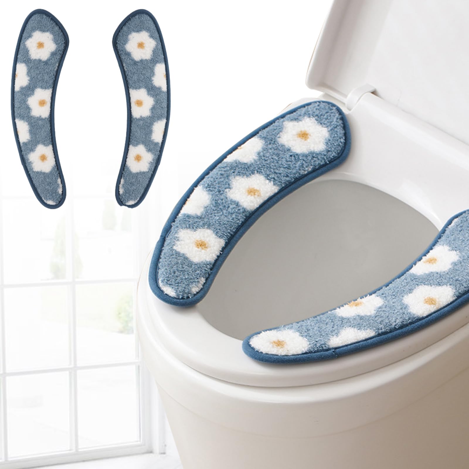 Iensen Blue Thick And Warm Toilet Seat Cover – Washable, Reusable Cushion With Tpr Adhesive & Floral Pattern For Comfort & Insulation (Blue)