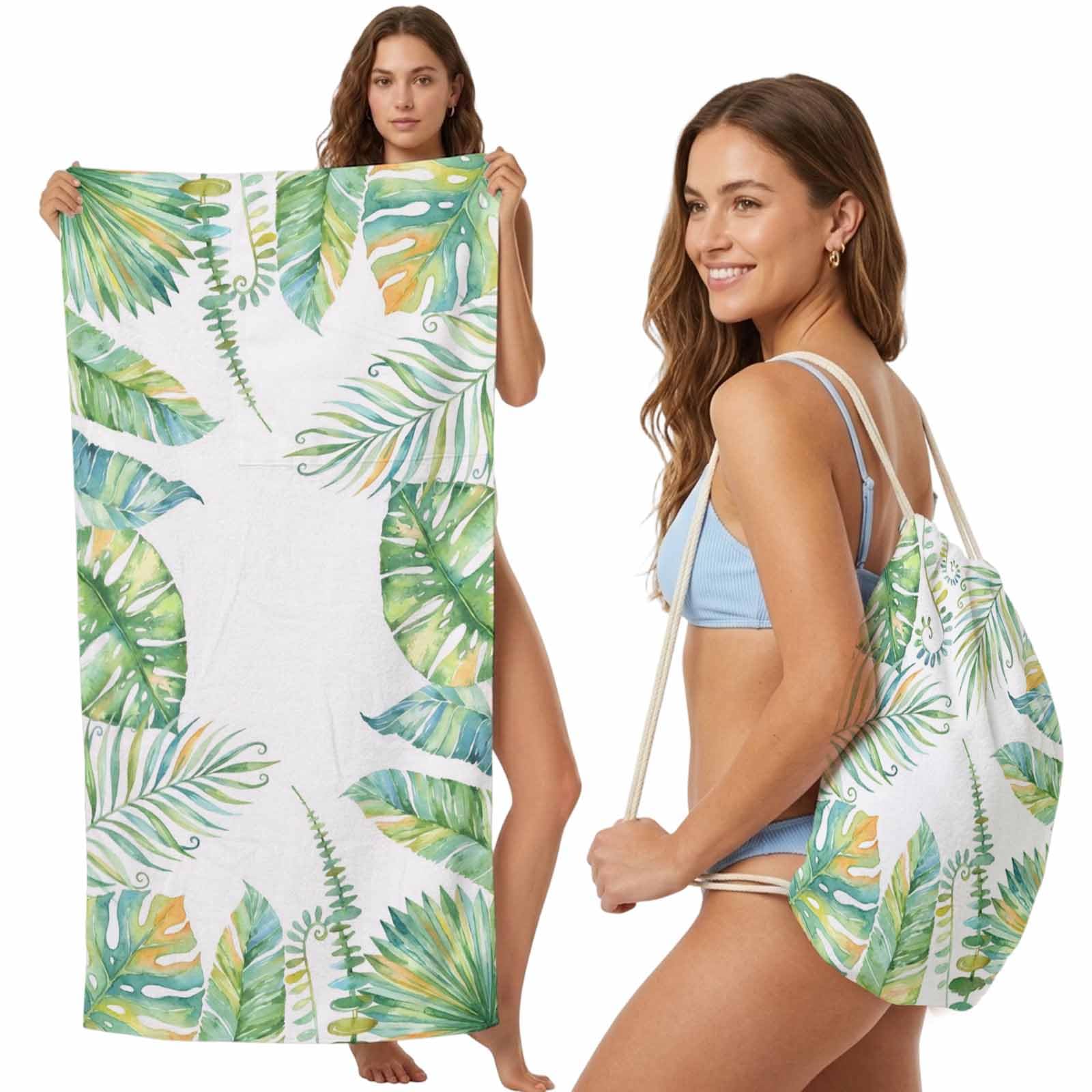 FWJZDSP Beach Towel Backpack, Watercolor Tropical Plants Monstera 2-in-1 Foldable Soft Microfiber Quick Dry Beach Towel 31.5x63in Green Yellow Leaves Lightweight Pool Towels Bag for Travel, Yoga, Gym