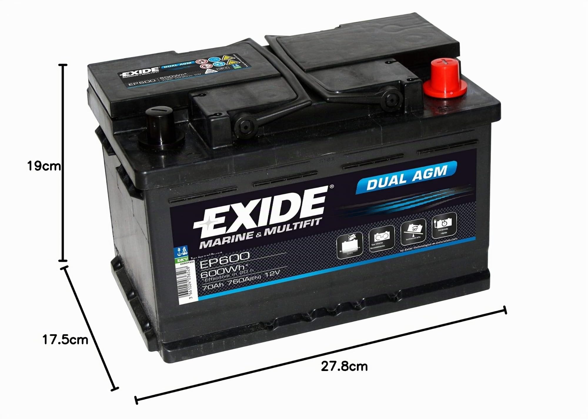 BATERÍA 12V/70AH - 760 CCA DUAL AGM EXIDE EP600