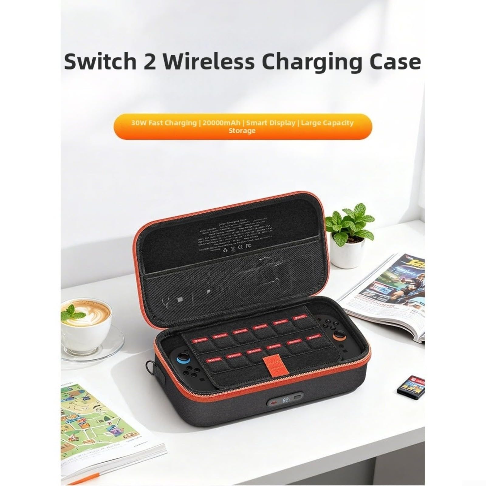 Estuche de almacenamiento rígido para Switch 2 con carga inalámbrica, 20000 mAh para batería de carga rápida de 30 W, organizador de viaje con pantalla inteligente