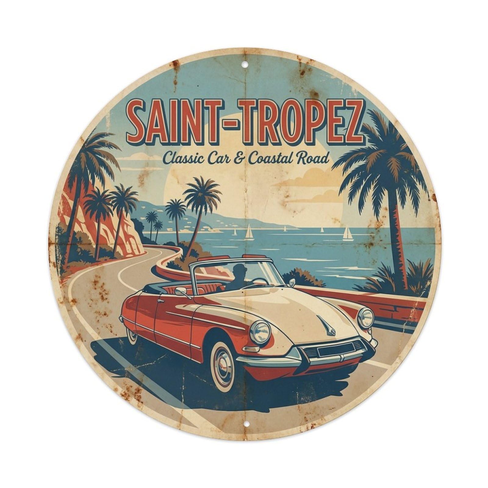 Classic Car Coastal Road Saint Tropez Riviera Travel Metal Tin Sign