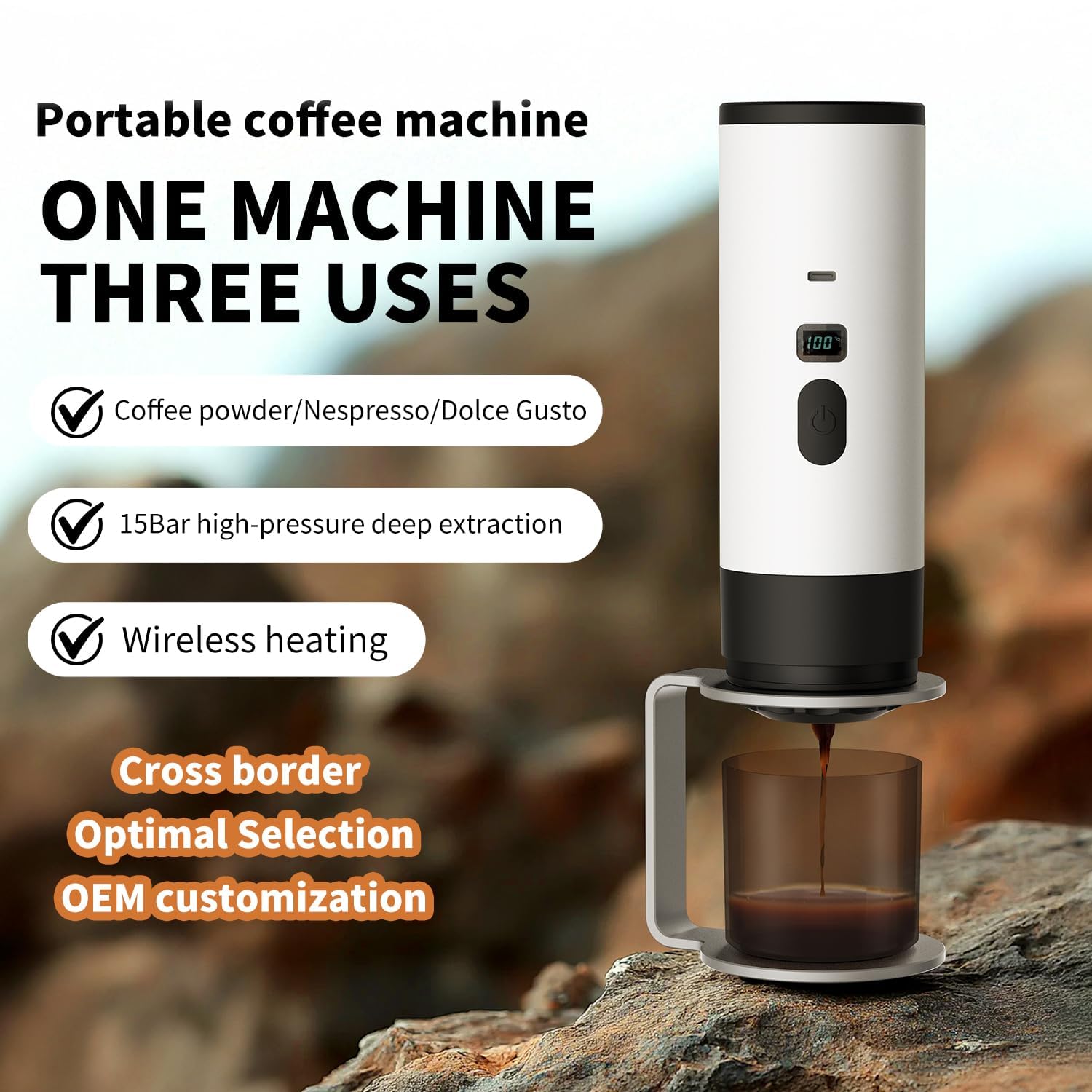 Cafetera portátil 3 en 1 con pantalla LED, tanque de 90 ml, autocalentamiento, compatible con café molido y cápsulas de espresso