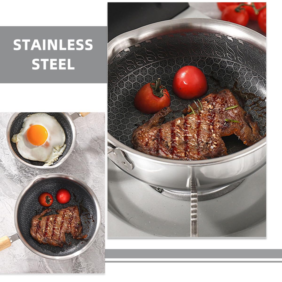 ULTECHNOVO Padella a Nido D'ape Antiaderente in Acciaio Inox 316 da 16 Cm, Padella da Cucina per Uova e Bistecche con Fondo Piatto e Impugnatura Ergonomica, Adatta a Tutti i Fornelli e